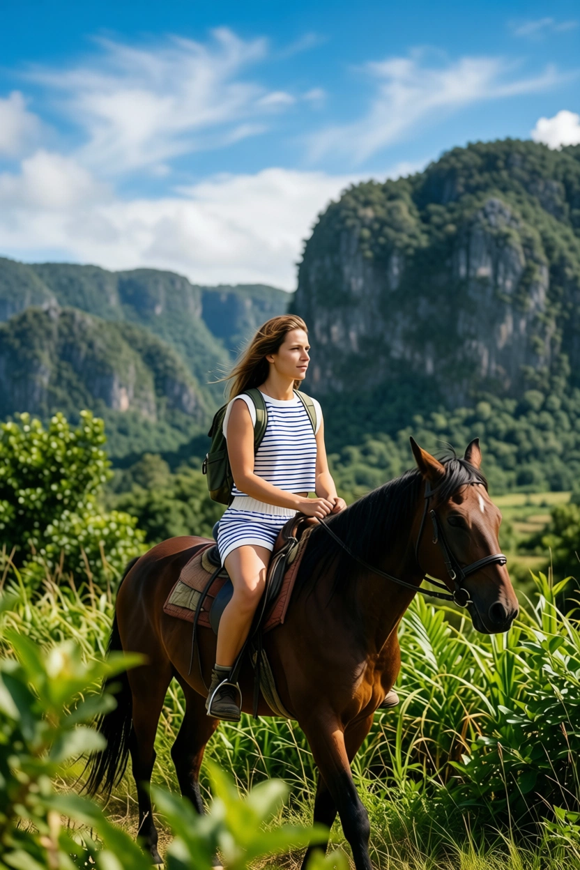 Woman riding horse in scenic Cuban landscape with mountains and greenery