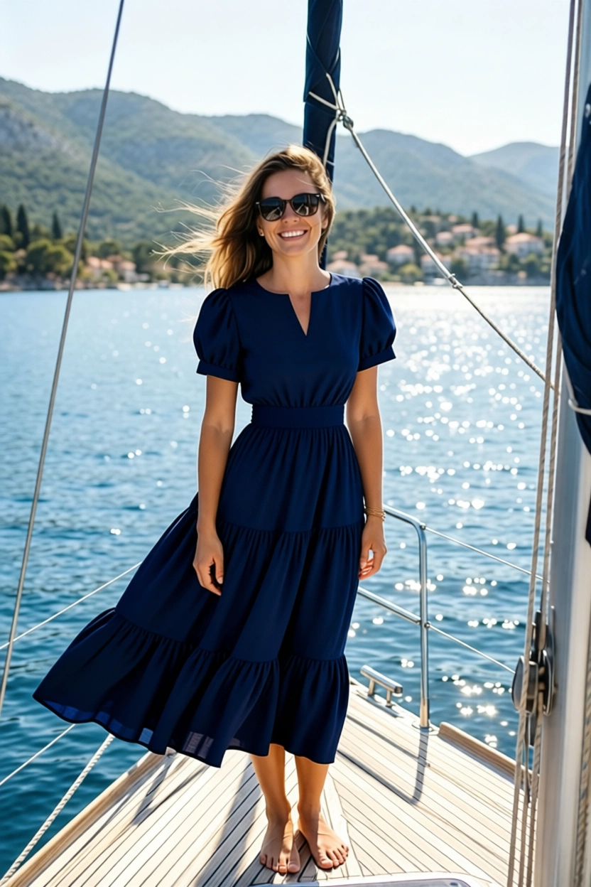 Woman in navy dress on sailboat in Croatia