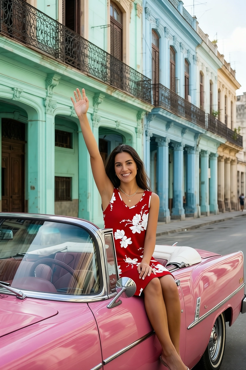 Woman in red floral dress sitting on pink vintage car in Cuba street scene
