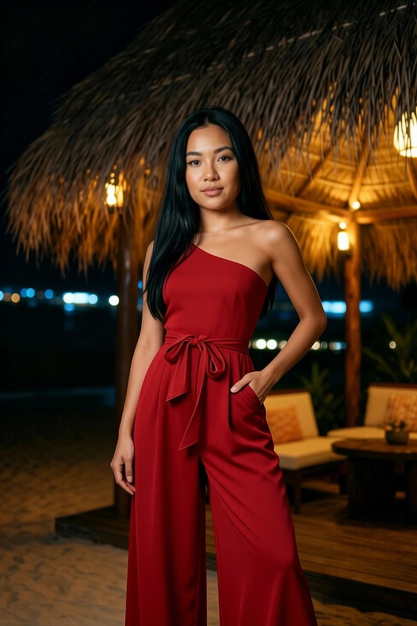 Woman in red jumpsuit at night under thatched roof near beach