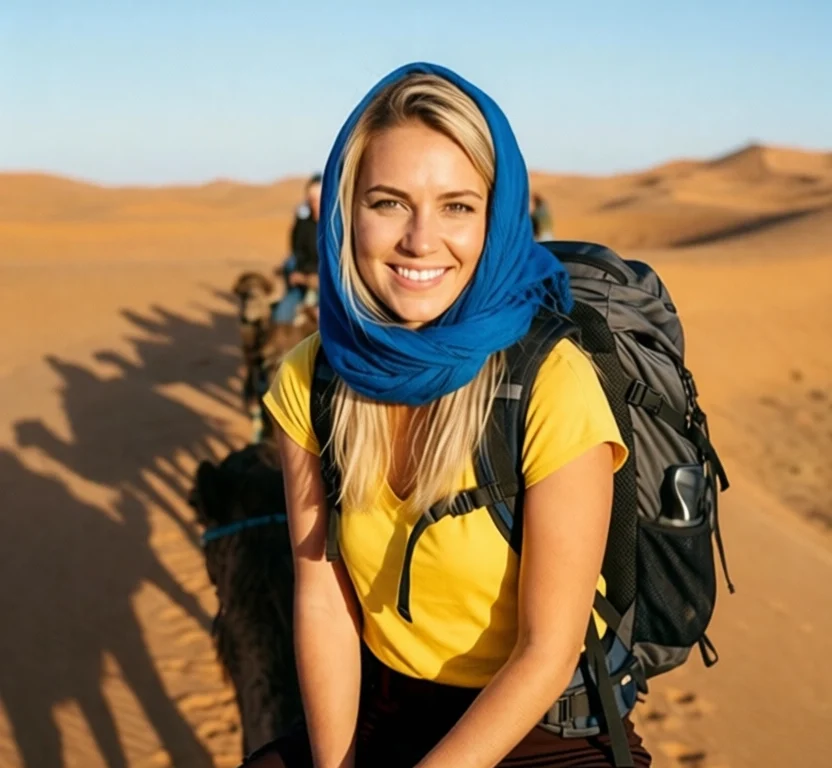 Woman wearing scarf and backpack riding camel in Moroccan desert