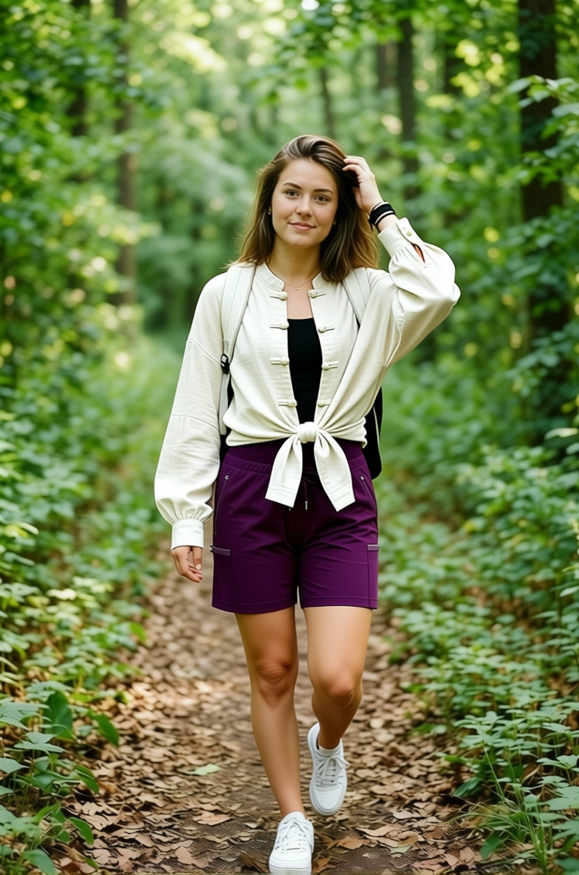 Woman walking on forest trail wearing travel outfit suitable for Costa Rica vacation