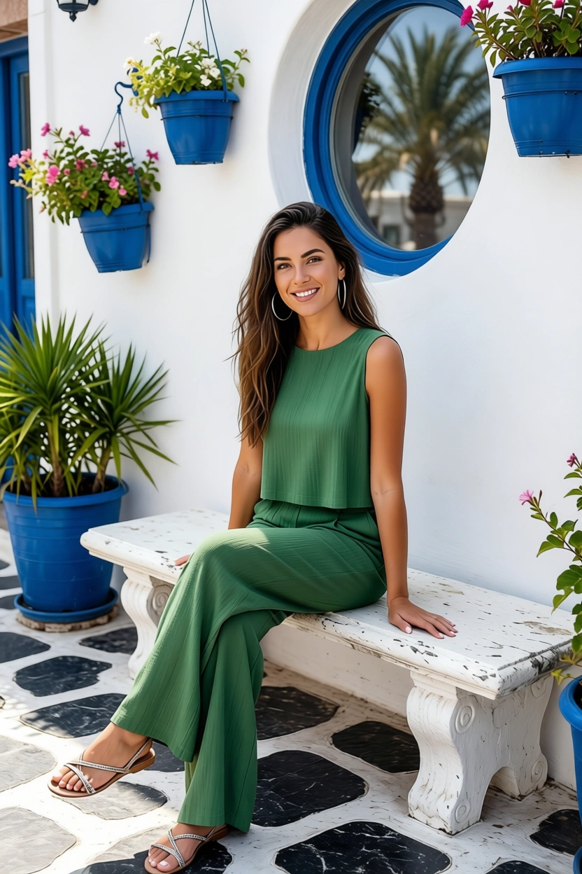 Woman in green outfit sitting on bench in Greek courtyard with blue pots and round window