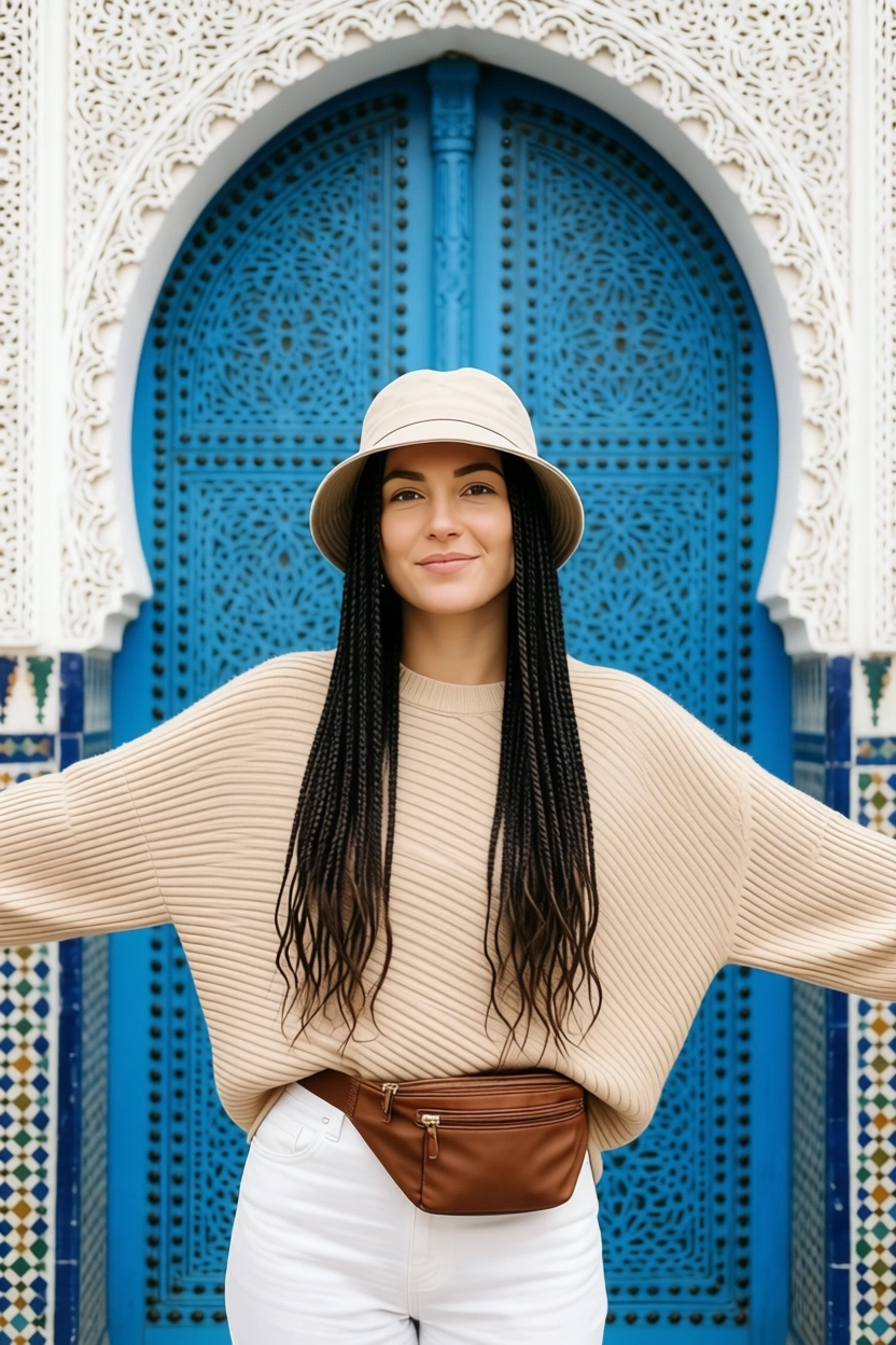 Woman wearing travel outfit in front of ornate Moroccan door
