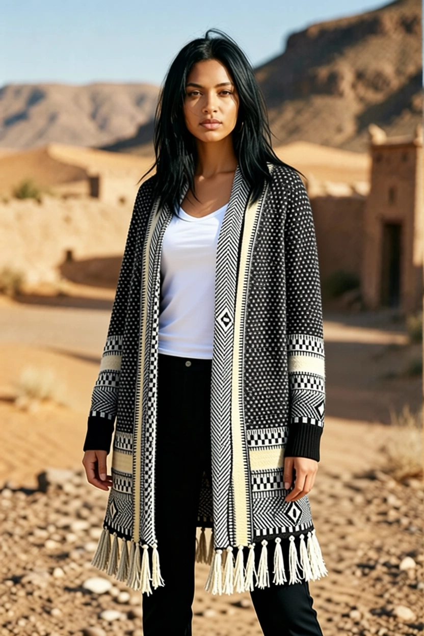 Woman wearing patterned cardigan in desert landscape, showcasing travel fashion for Morocco.