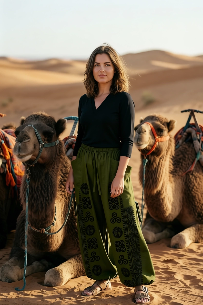 Woman standing in desert with camels, wearing modest travel outfit for Morocco.