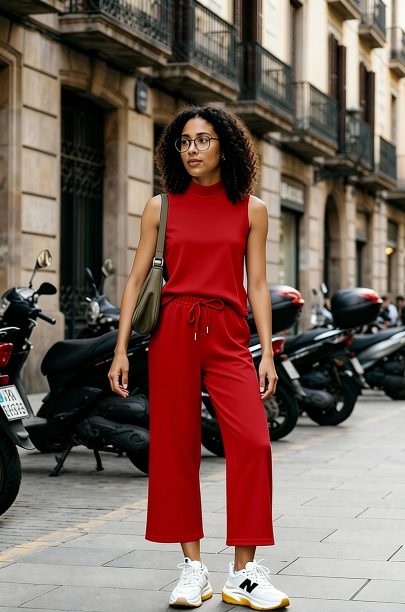 Woman in red outfit walking on Barcelona street