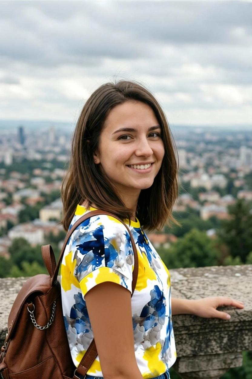Woman in travel outfit overlooking city from hilltop viewpoint