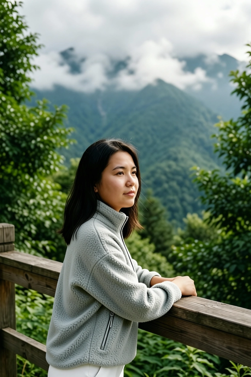 Woman in light grey fleece jacket and white pants standing on wooden railing overlooking misty green mountains in Costa Rica.
