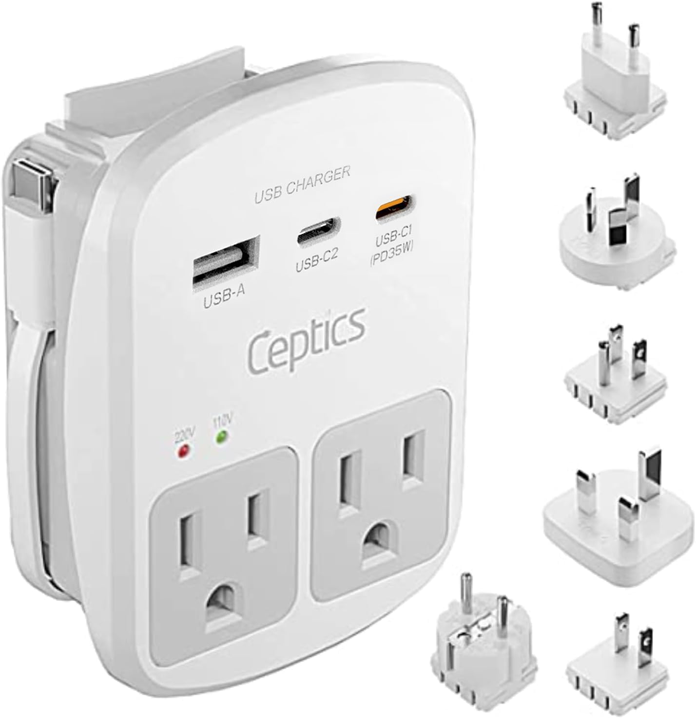 Ceptics 35W Universal Travel Adapter Kit (2 USA sockets, USB-A/USB-C PD, surge protected)