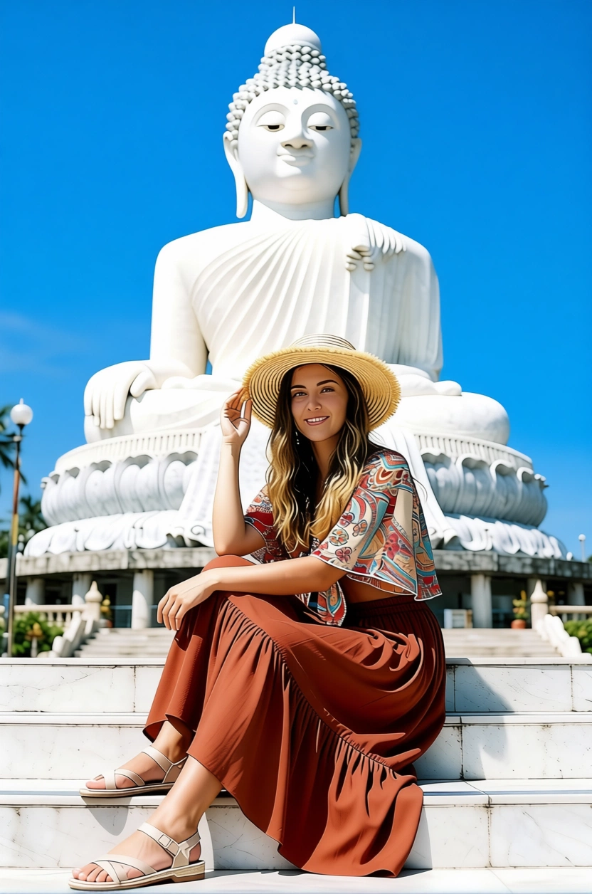Woman in boho dress sitting in front of large Buddha statue in Thailand