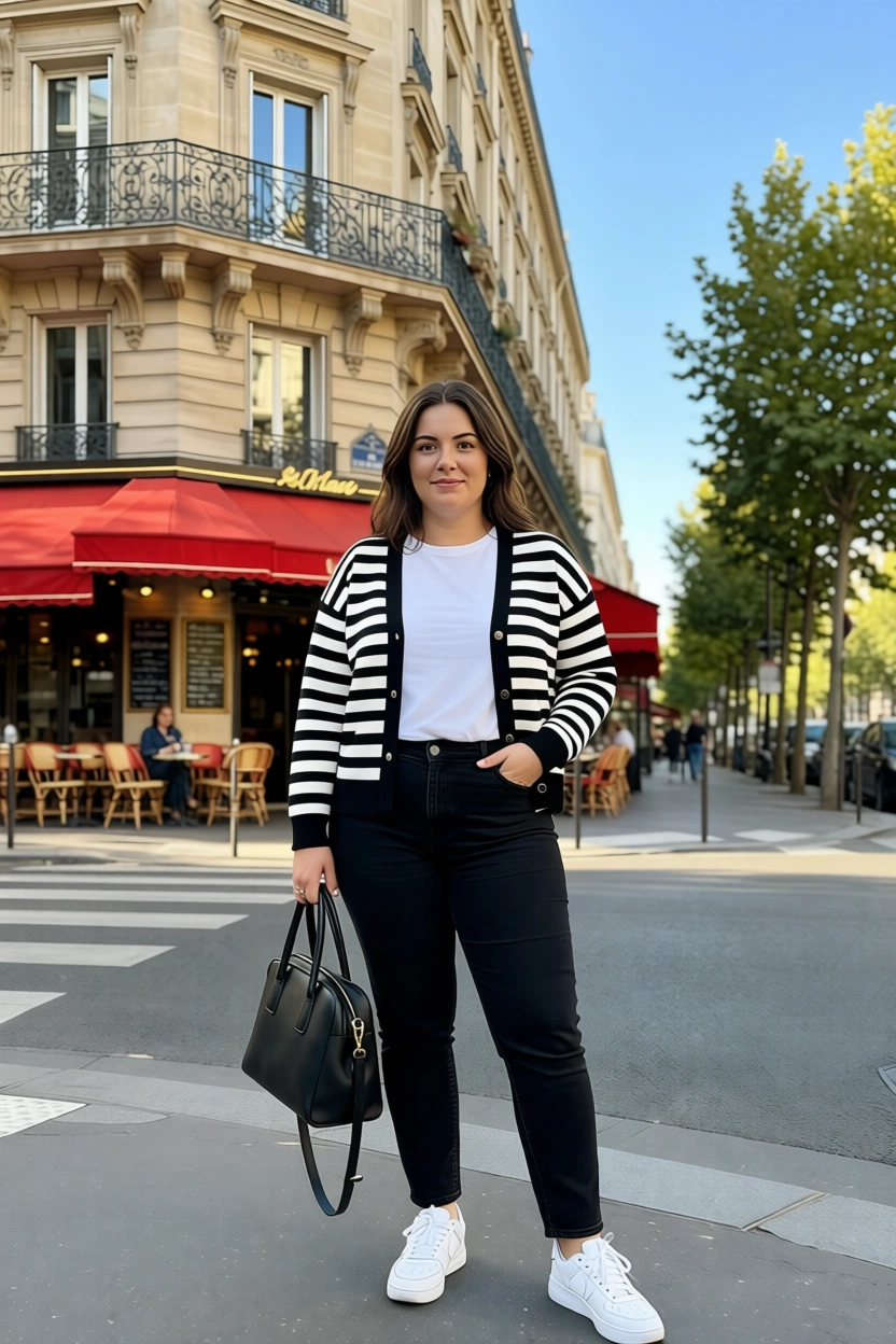 Woman in striped cardigan and jeans standing on Paris street
