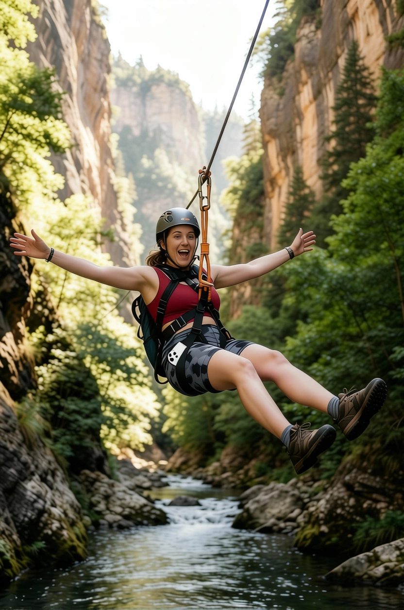 Woman ziplining over a canyon river in Costa Rica wearing a helmet and outdoor gear