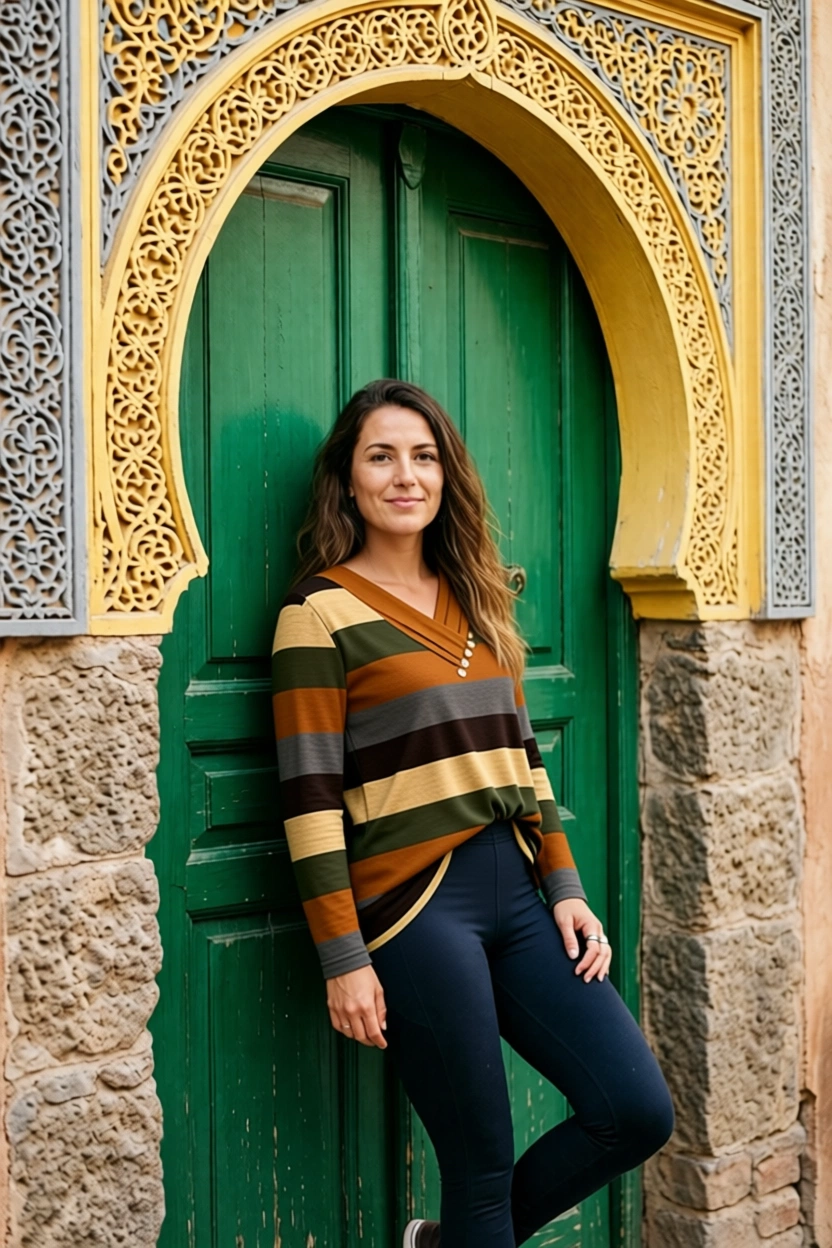 Woman standing in front of ornate Moroccan doorway wearing travel outfit