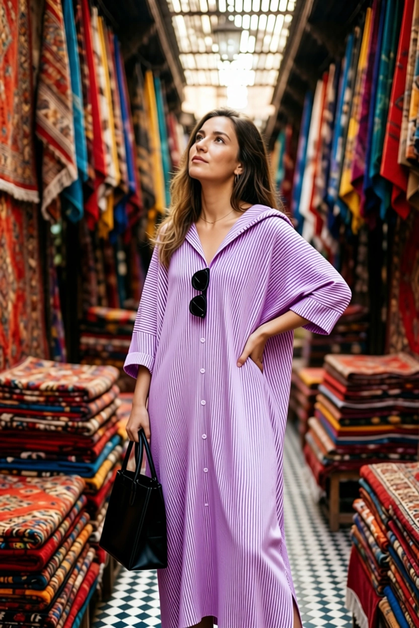 Woman wearing a purple striped dress in a colorful Moroccan market aisle.