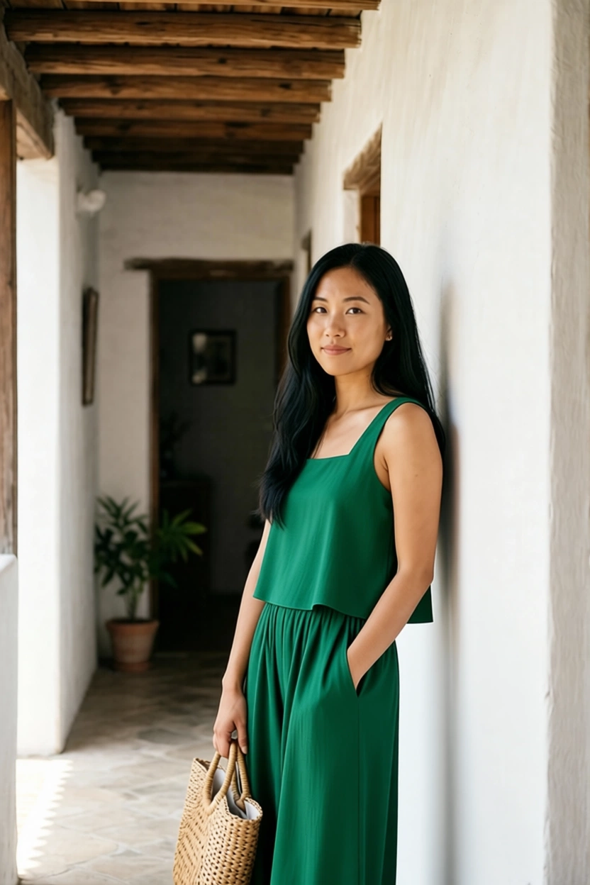 Woman in green jumpsuit standing in a white-walled corridor with wooden beams