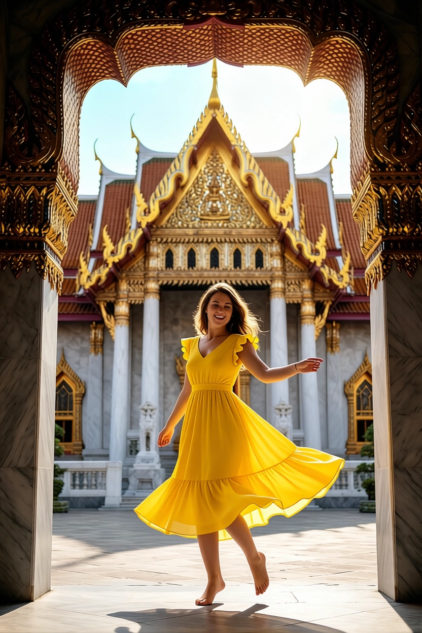 Woman in yellow dress posing at Thai temple entrance
