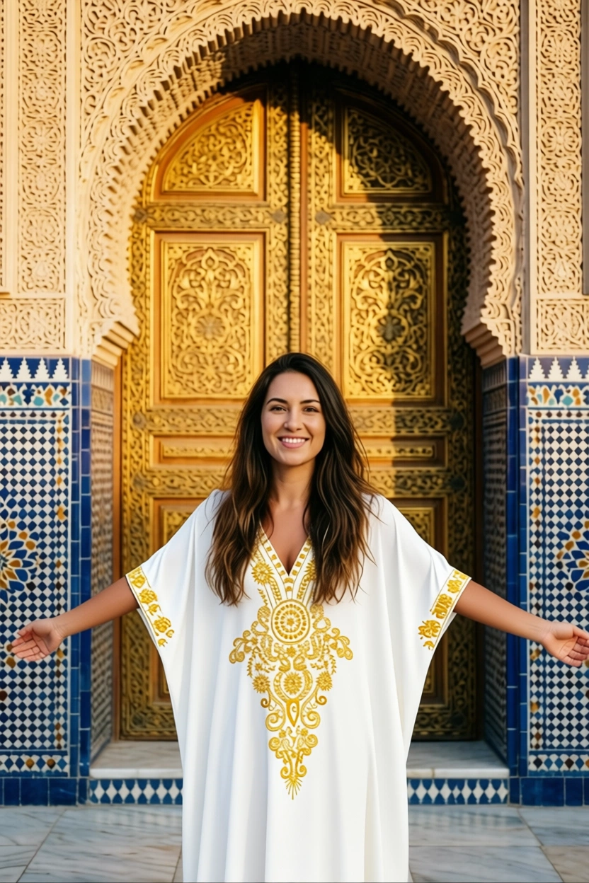 Woman in white embroidered kaftan standing before ornate Moroccan door with gold and blue tilework.