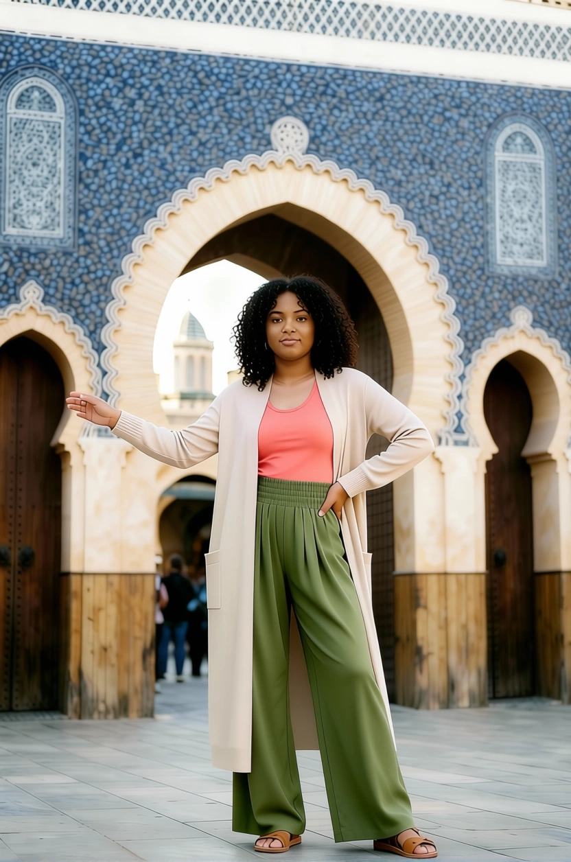 Woman posing in front of Moroccan architecture wearing a cardigan, tank top, and wide-leg pants.