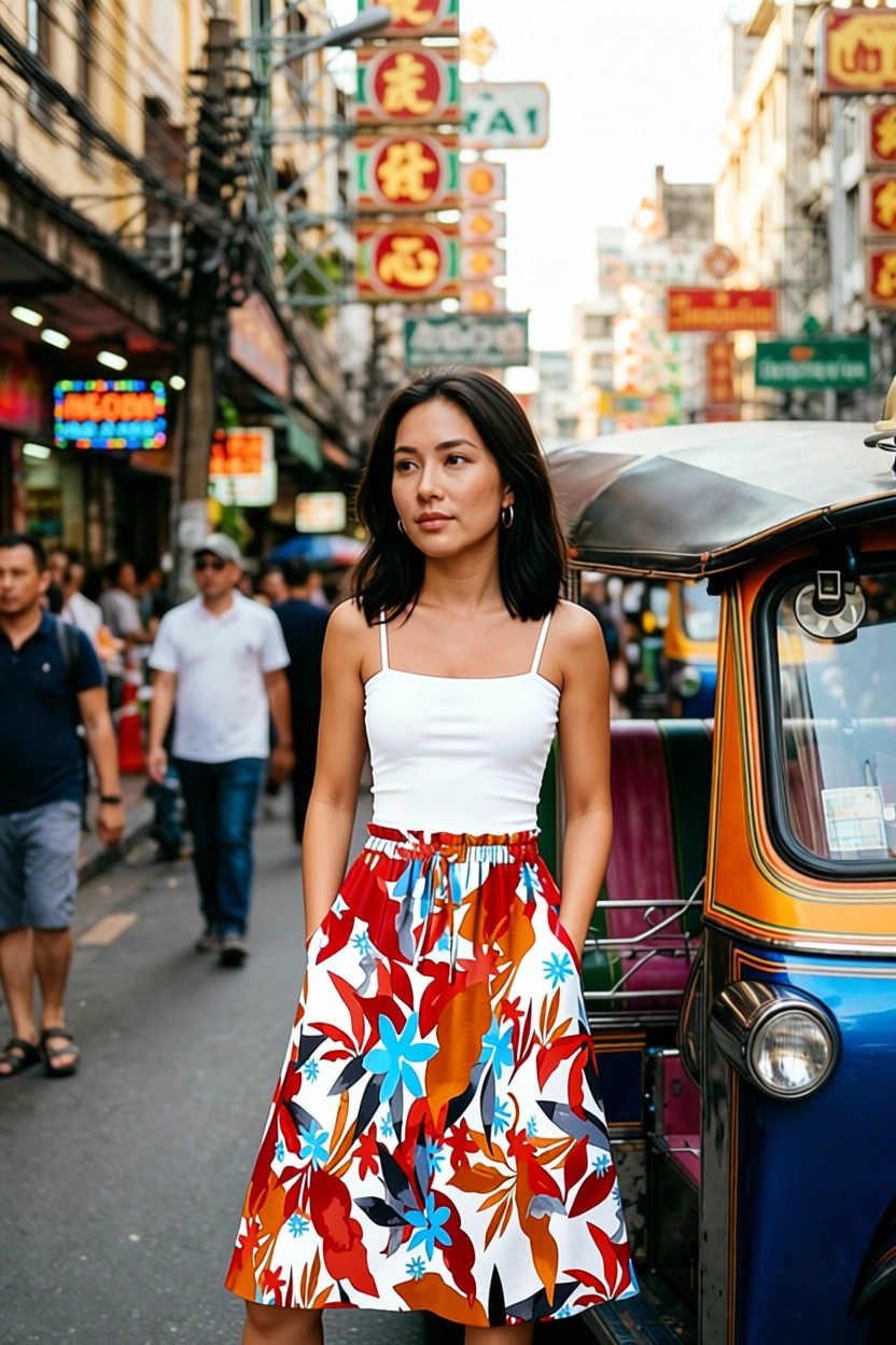 Woman in floral skirt standing on Bangkok street near tuk-tuk