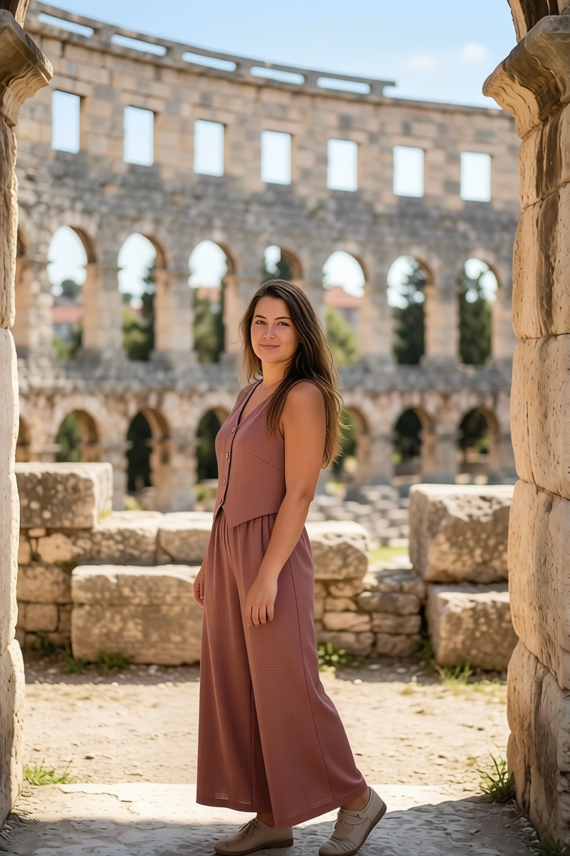 Woman in a sleeveless dress standing before ancient stone ruins in Croatia.