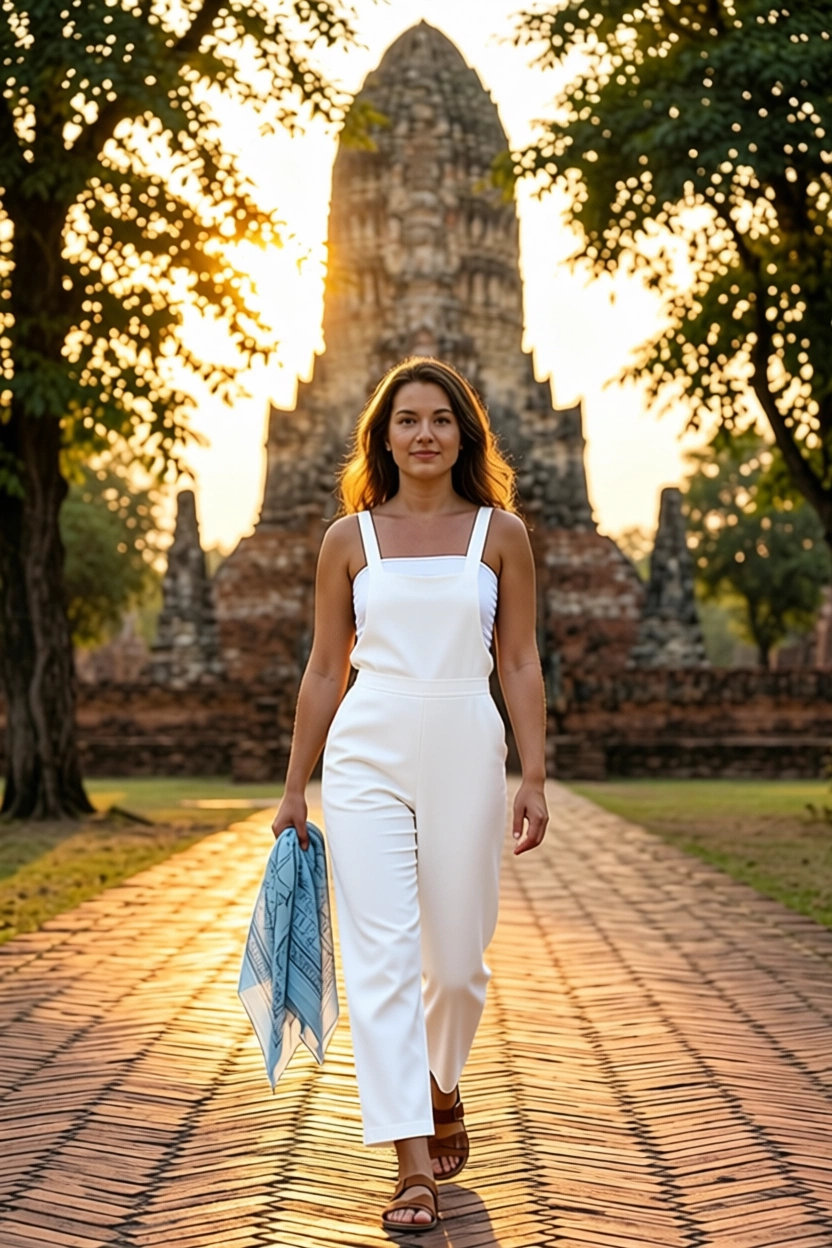 Woman in white jumpsuit walking toward temple at sunset in Thailand