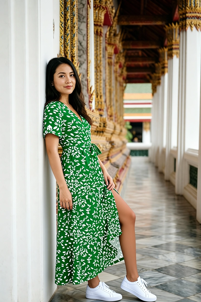 Woman wearing summer dress at Bangkok temple corridor