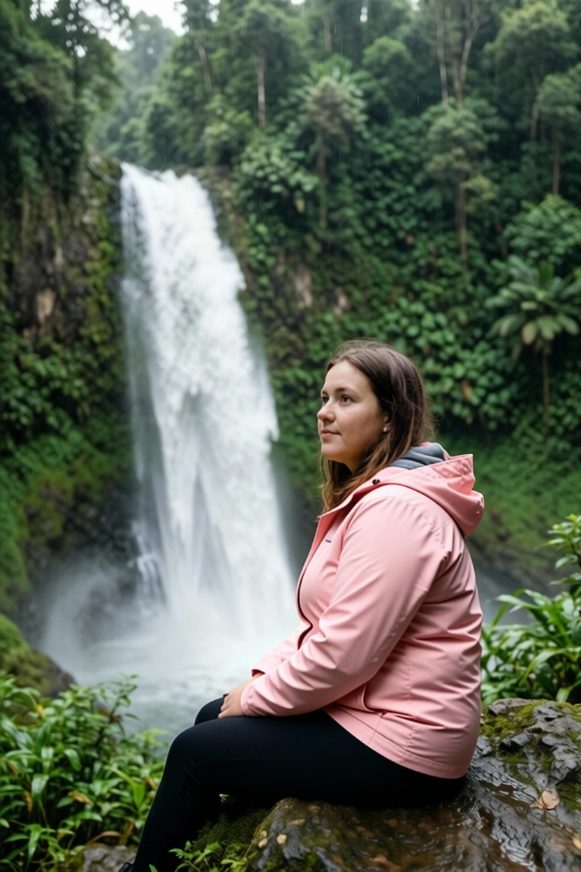 Woman in pink rain jacket sitting by waterfall in Costa Rica rainforest