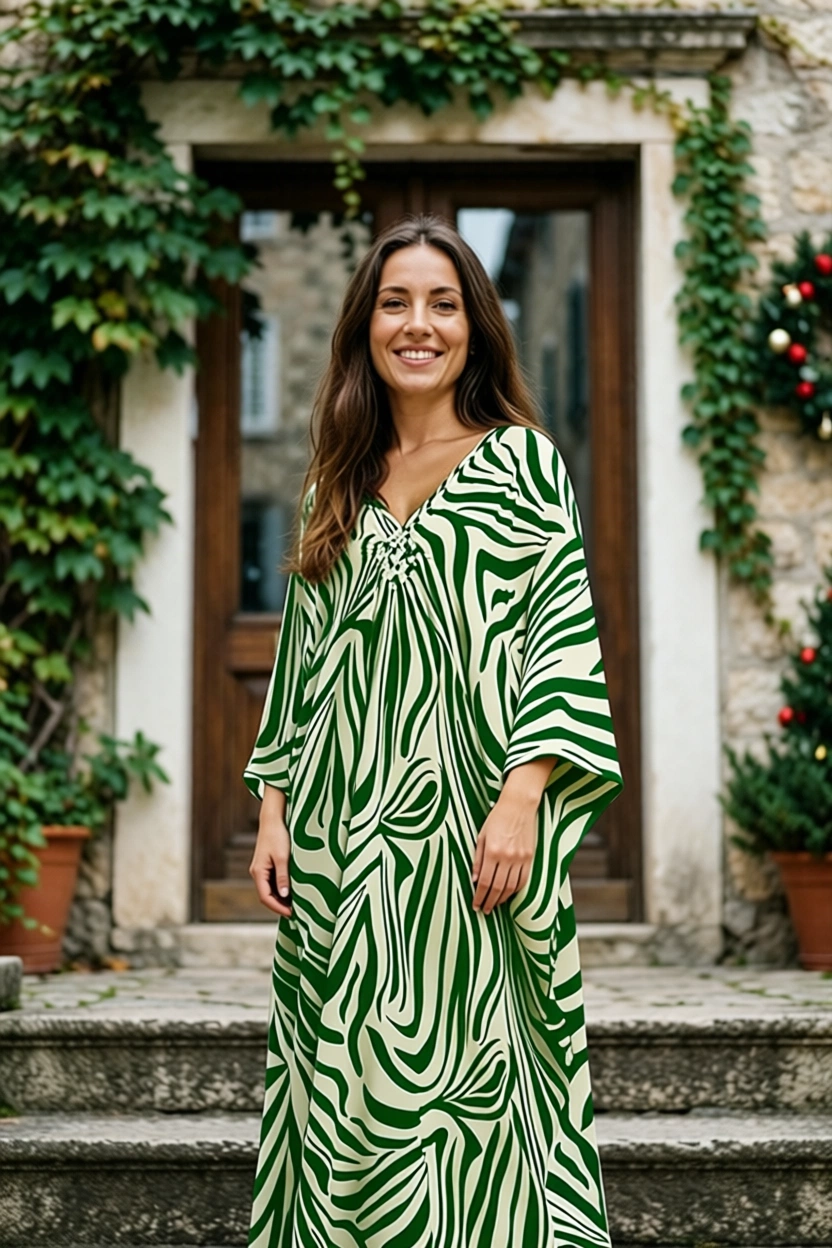 Woman in patterned dress standing in front of ivy-covered stone doorway in Croatia