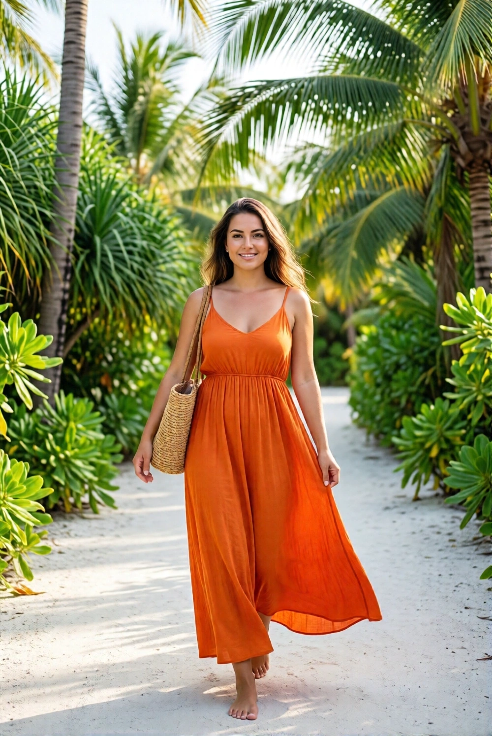 Woman walking on sandy path through palm trees wearing orange dress and straw bag