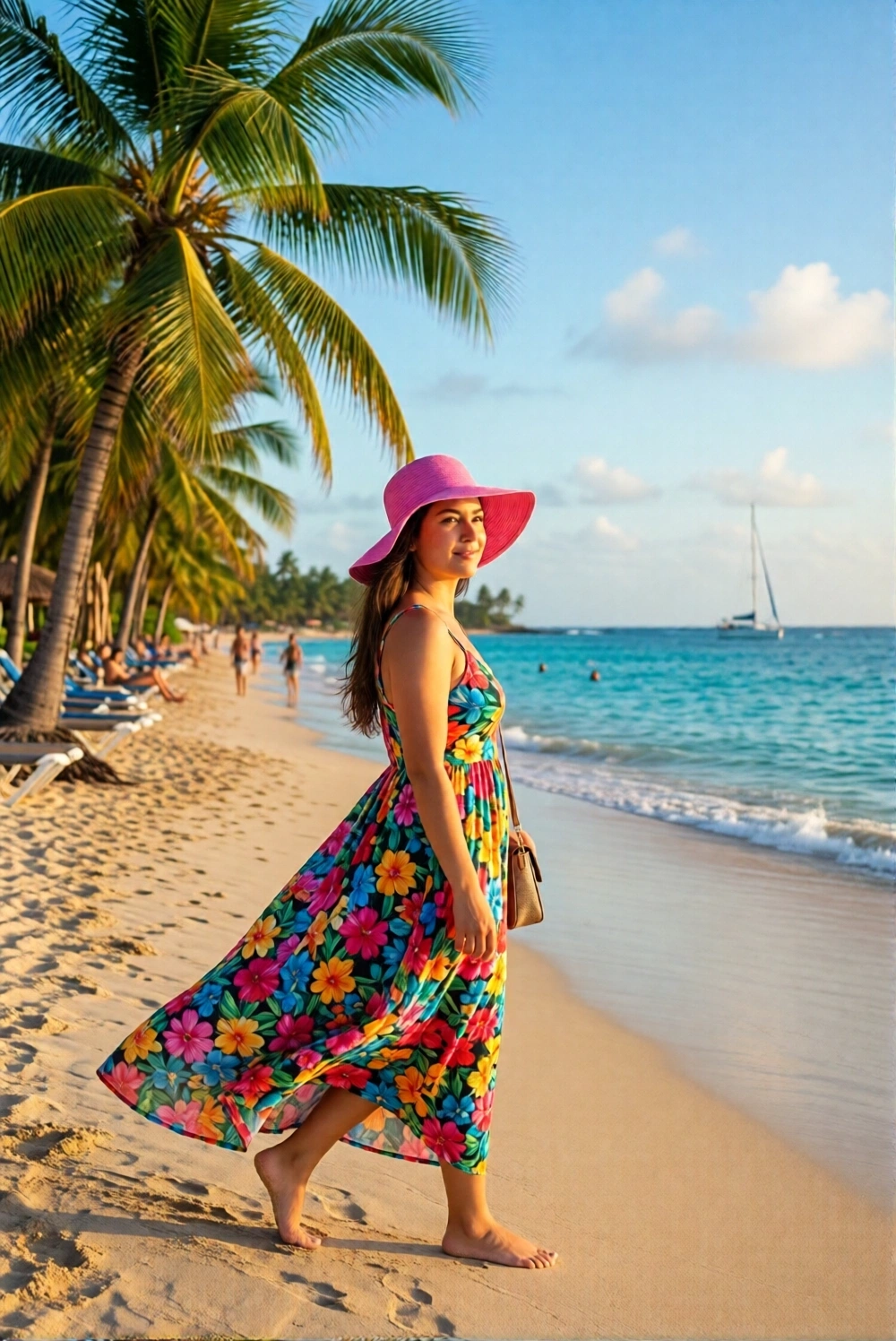 Woman walking on beach in floral dress and pink hat near palm trees and ocean