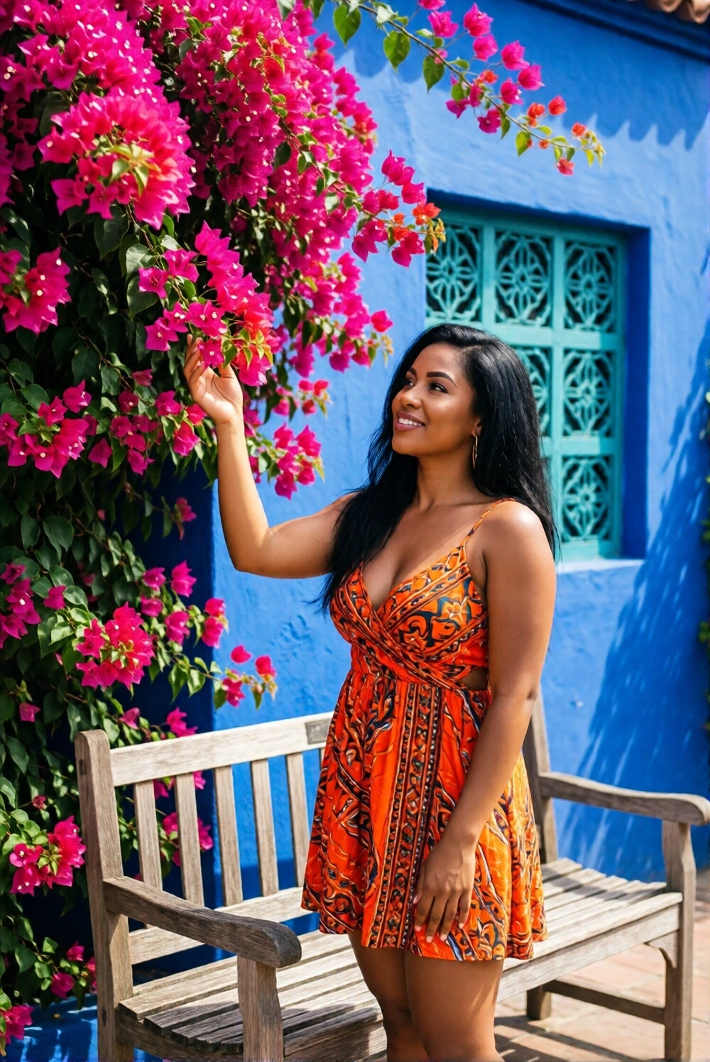 Woman in vibrant dress posing near pink bougainvillea against a blue wall