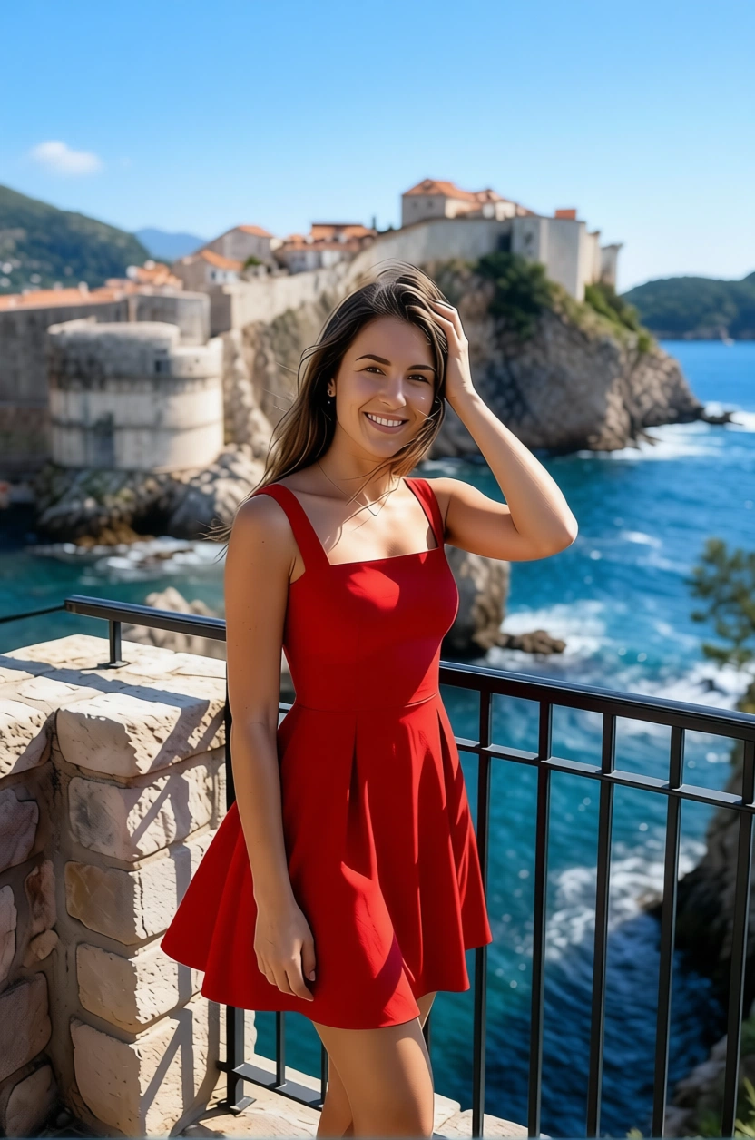 Woman in red dress standing by seaside wall overlooking Dubrovnik old town.
