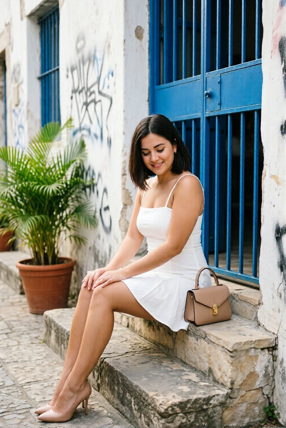 Woman in white dress sitting on stone steps near blue door, wearing beige heels and handbag, tropical setting