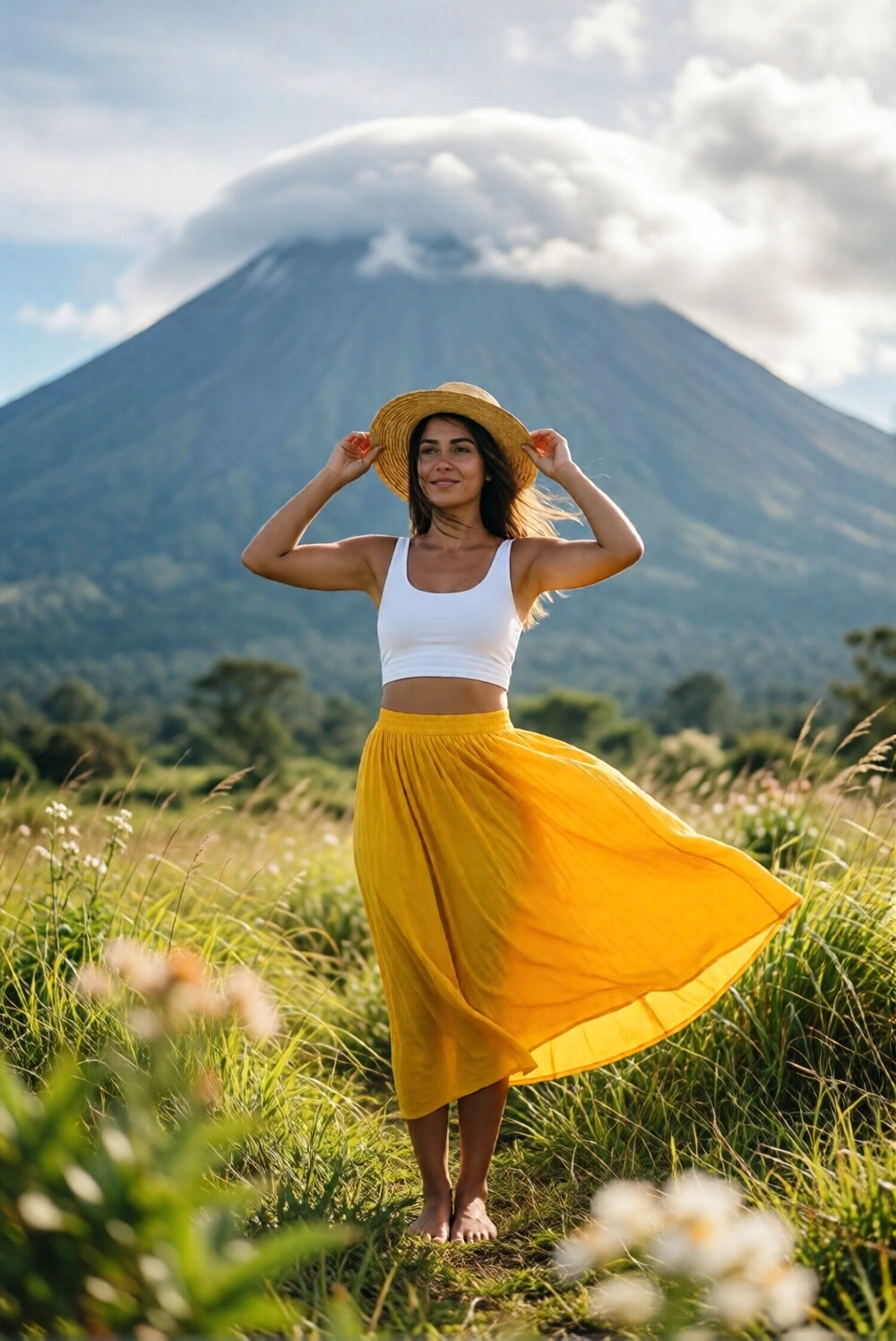 Woman in yellow skirt and straw hat standing in grass field with volcano in background