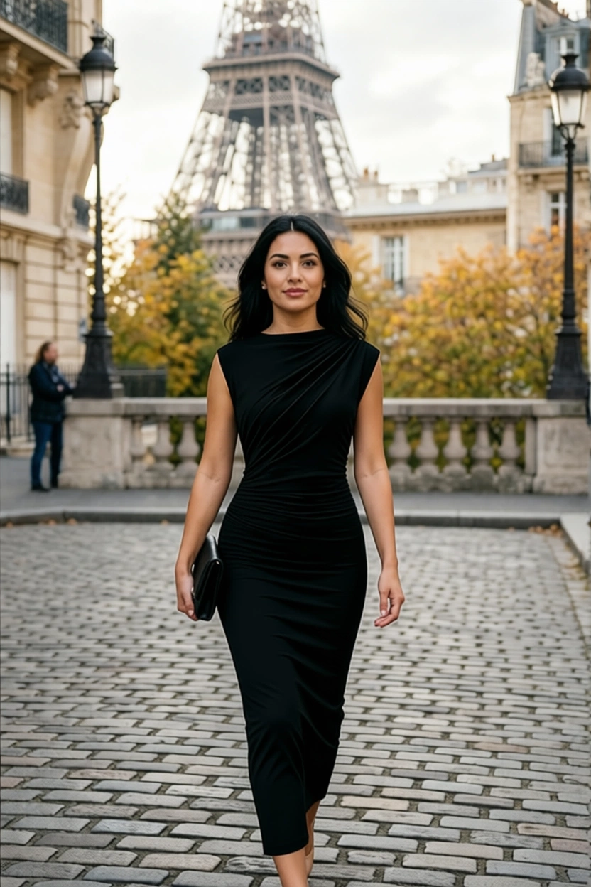 Woman in black dress walking in Paris with Eiffel Tower in background