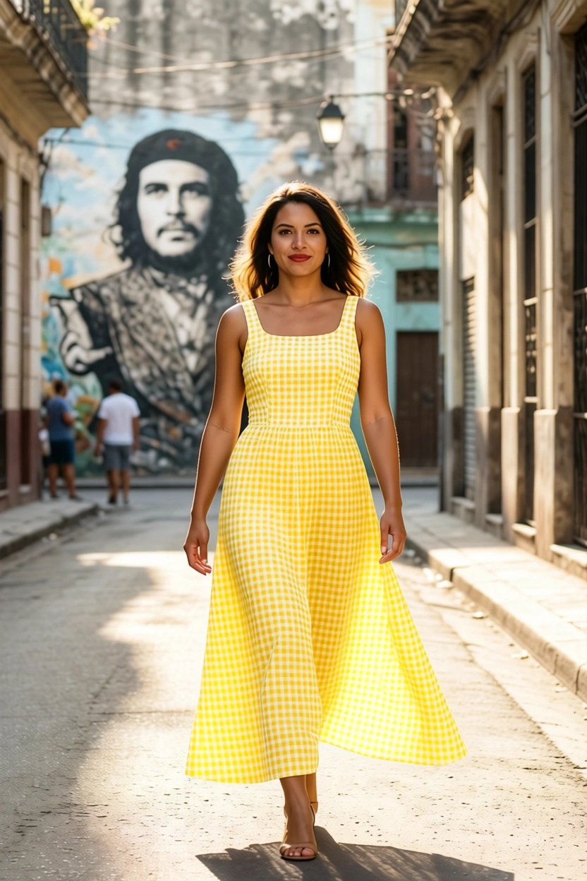 Woman in yellow gingham dress walking down a street in Cuba with a mural in the background.
