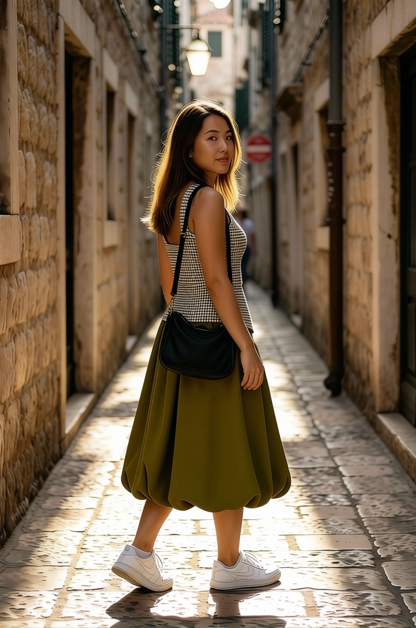 Woman walking down a stone alley in Croatia wearing a checkered top, olive skirt, and white sneakers.