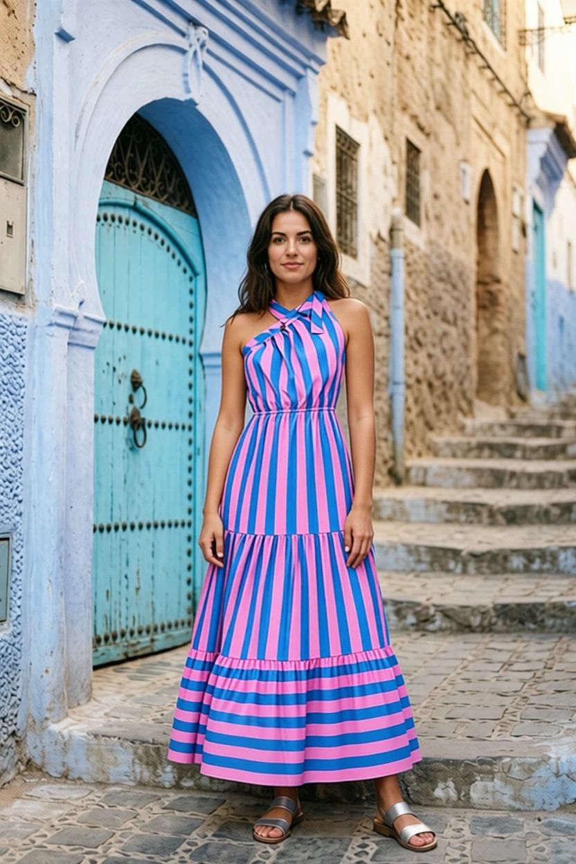 Woman in striped dress standing in blue-walled Moroccan alleyway