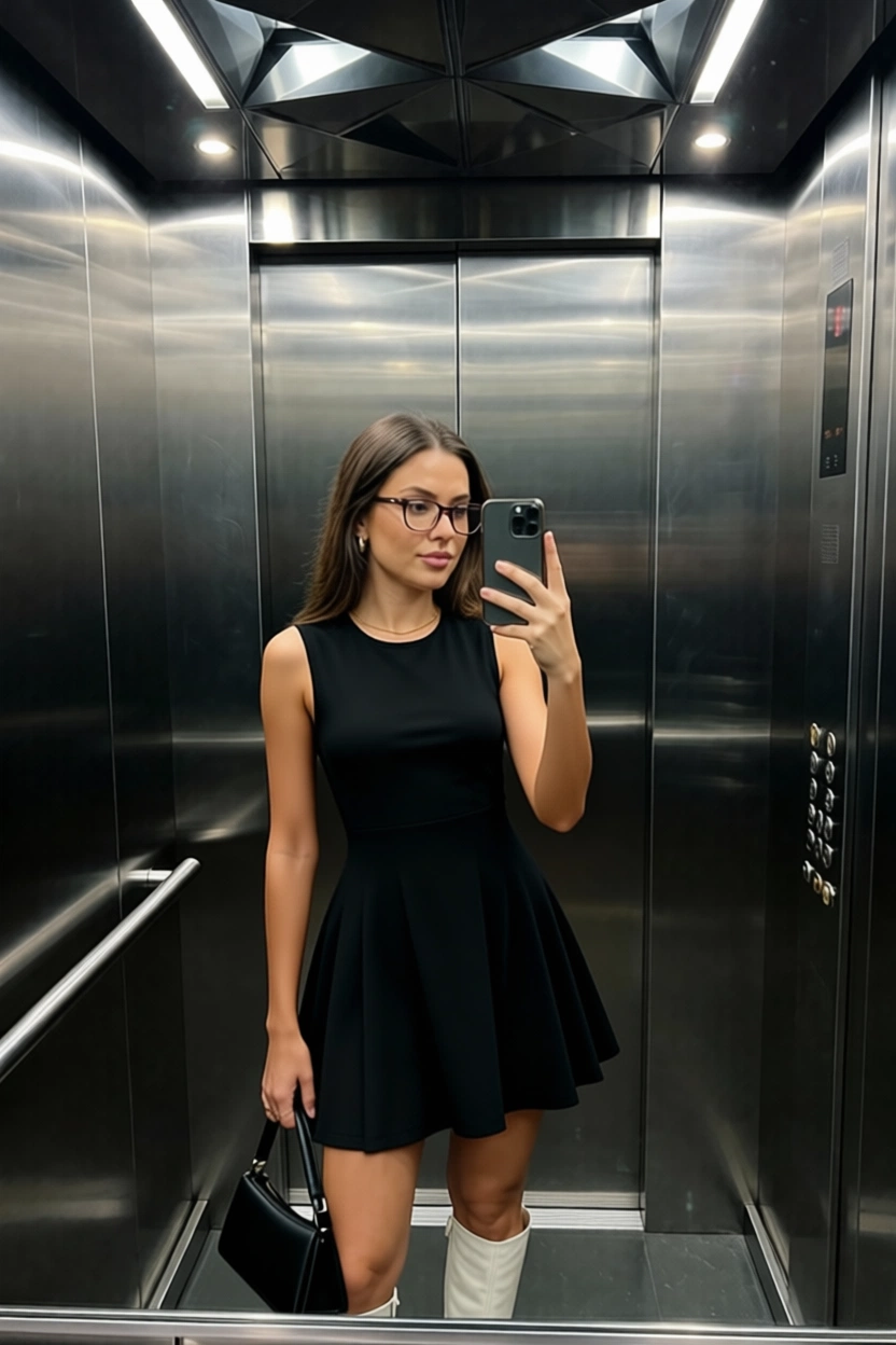 Woman taking selfie in elevator wearing black dress and white boots
