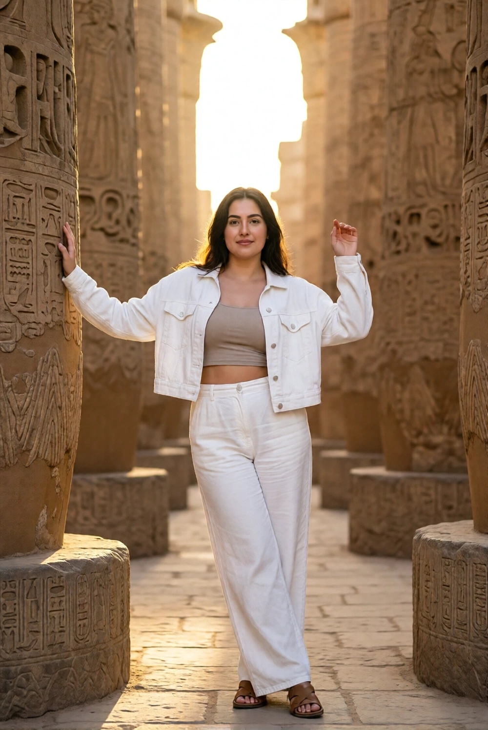 A woman stands in an ancient temple with carved pillars, wearing a white denim jacket, beige crop top, and white pants, illus
