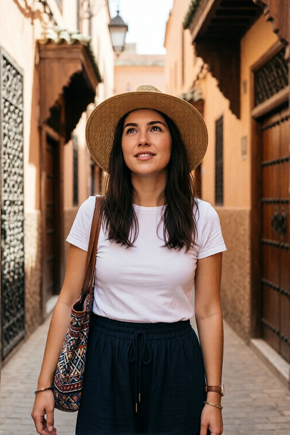 Woman wearing a straw hat and casual travel outfit walking through a narrow Moroccan street.