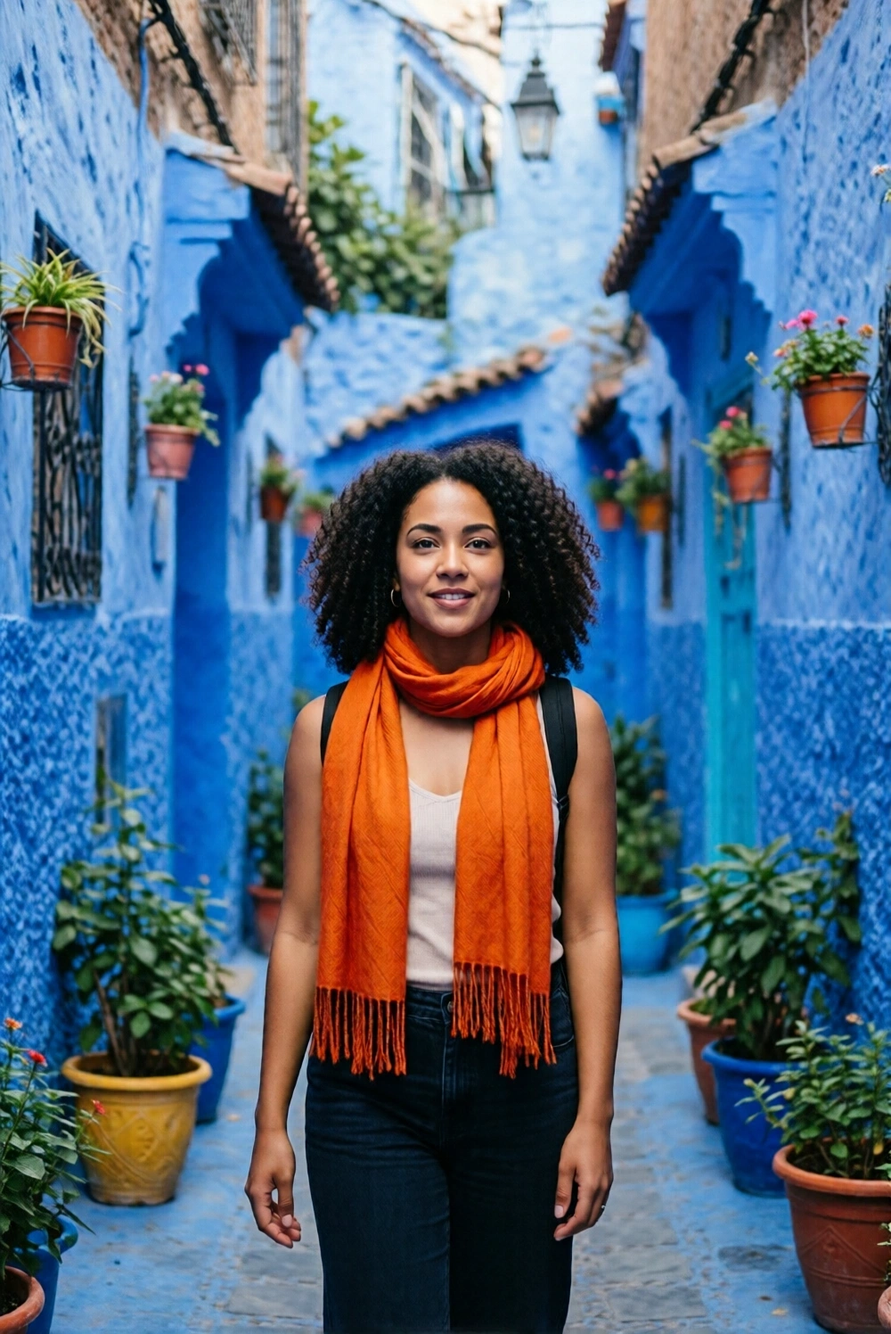 Woman wearing orange scarf in blue alleyway in Morocco