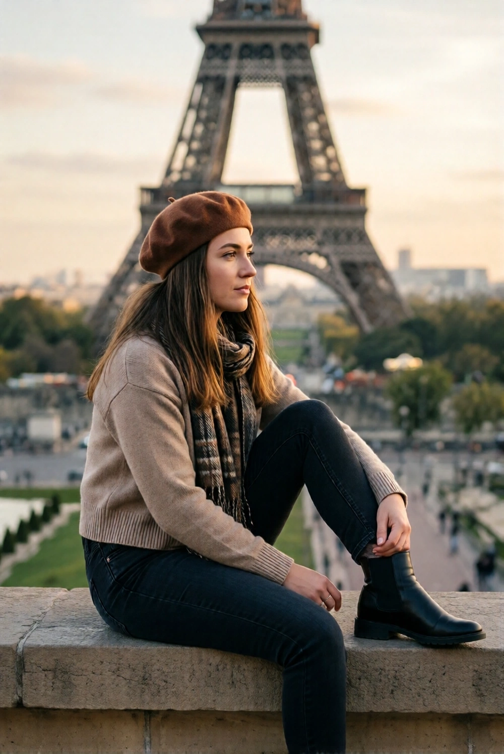 Woman in beret and scarf sitting near Eiffel Tower in Paris