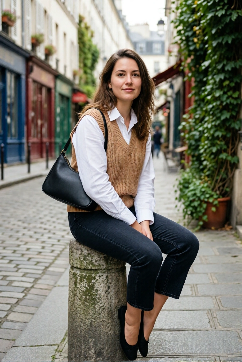 Woman wearing a white shirt, beige vest, and dark jeans sitting on a stone post in a Parisian street