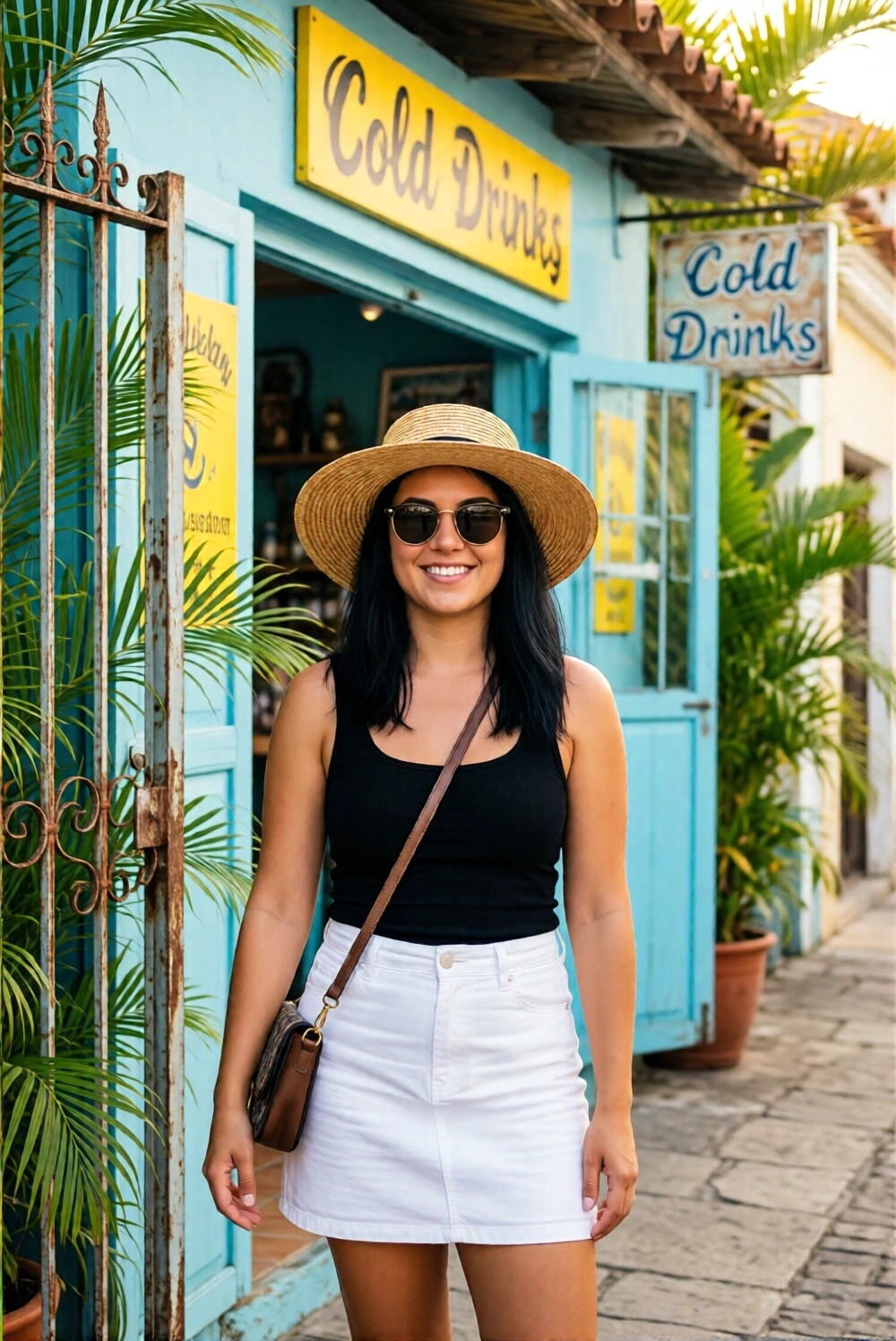 Woman in straw hat and white skirt standing outside a Caribbean cold drinks shop