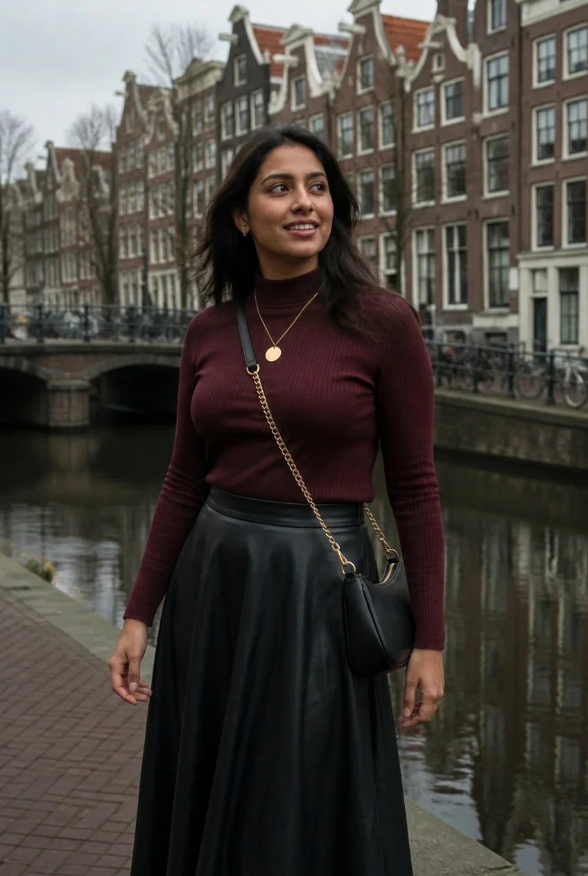 Woman wearing burgundy turtleneck and black leather skirt near Amsterdam canal