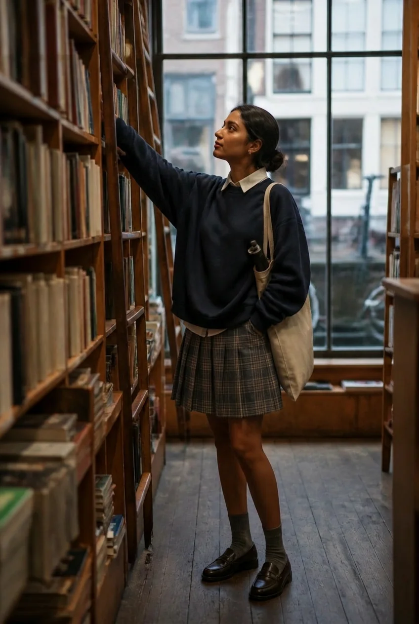 Woman browsing books in a bookstore in Amsterdam