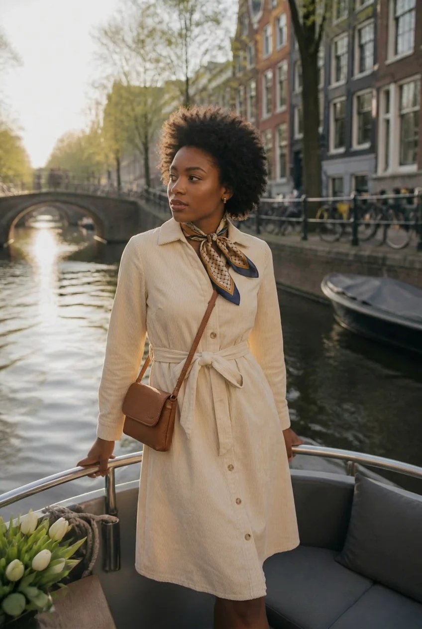 Woman on canal boat wearing a beige trench-dress hybrid outfit in Amsterdam.