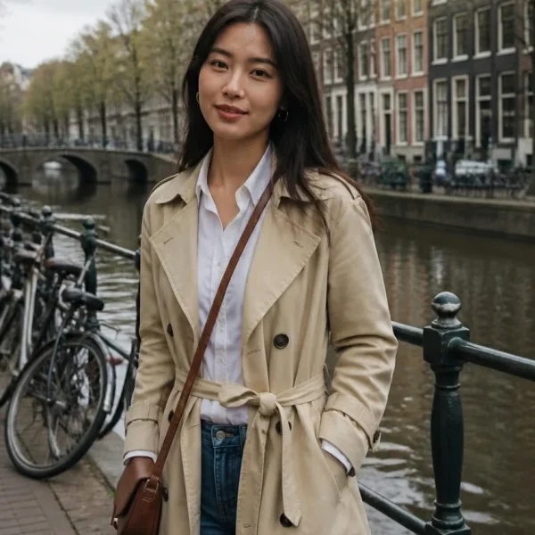 Woman wearing trench coat near Amsterdam canal
